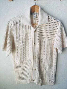 Urban Outfitters Cream Open-Knit Short Sleeve Button-Up Shirt